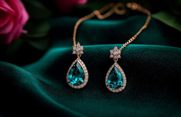 Elegant jewelry set featuring stunning earrings with turquoise gemstones and sparkling diamonds, displayed on luxurious green fabric background