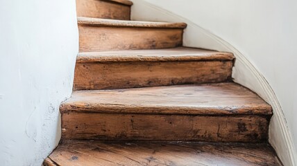Aged Wooden Staircase: Close-up of Worn Brown Steps Against White Wall