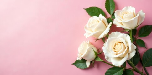Elegant white roses and green leaves on soft pink background, wallpaper, background