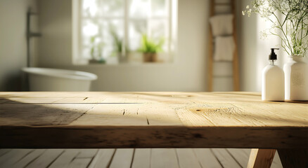 A wooden empty table with blurred bathroom background featuring a bathtub, towel, plants, and bottles, spa-like setting for product placement.