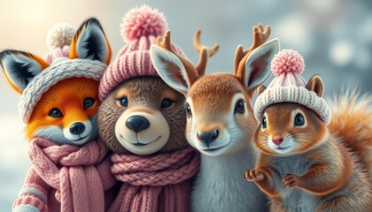 Fototapeta premium Winter Wonderland Friends A Cozy Gathering of Adorable Animals in Knitted Winter Hats and Scarves