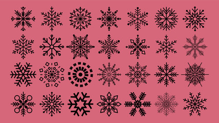 Collection of geometric snowflakes. Flat elements of different snowflake shapes. Set of snowflakes for holiday banner, postcard or decoration. New Year vector ornament.
