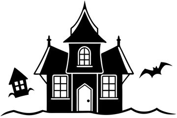 haunted house line art silhouette vector illustration