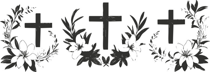 Three christian crosses with floral wreaths in monochrome design