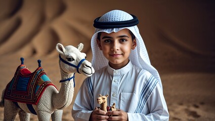 Portrait of a Young Middle Eastern Boy Wearing Cultural Attire, Standing with His Camel Companion Against a Backdrop of Sand Dunes and Rugged Cliffs