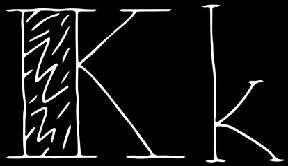 capital letter K and lowercase letter k hand drawn with curved white lines on a black background