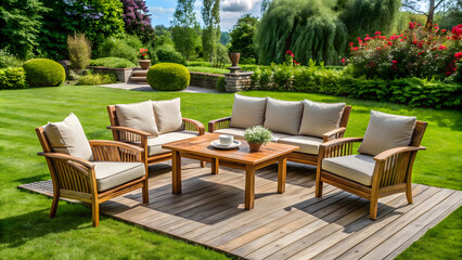 Obraz premium Outdoor patio with chairs, table and cushions in the garden