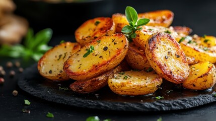 An inviting presentation of perfectly roasted potatoes sprinkled with spices and fresh greens, ideal for any meal or gathering, showcasing their golden allure and crunch.