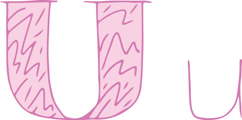 capital letter U and lowercase letter u hand drawn with curved purple lines with light pink fill