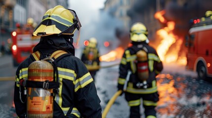 Obraz premium Firefighters Wearing Protective Gear Are Attending A Burning Building Scene