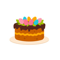 A delicious Easter cake decorated with chocolate glaze and pastel-colored eggs. Perfect for festive celebrations, dessert illustrations, and bakery designs.