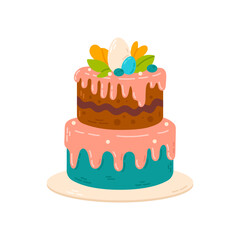 A beautiful two-tiered Easter cake with pink and blue icing, topped with chocolate and colorful eggs. A perfect illustration for holiday baking, dessert menus, and festive designs.