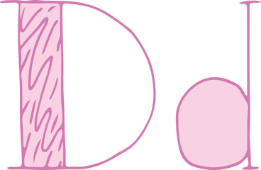 capital letter D and lowercase letter d hand drawn with curved purple lines with light pink fill