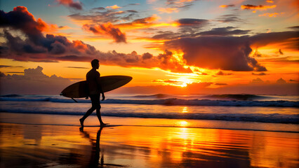 Silhouette of a surfer with his surfboard at sunset