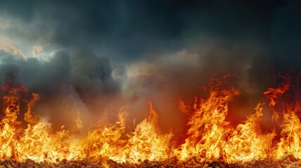 Fototapeta premium Intense flames rising into dark smoky and cloudy skies above
