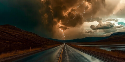 Fototapeta premium The Endless Road to the Horizon, Where Mountains Touch the Sky and Sunlight Dances Through the Clouds