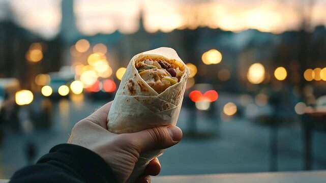 1_Unwrapping a burrito on a park bench with city lights in view