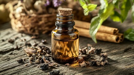 Bakuchiol Oil Extract from Psoralea Corylifolia Seeds on Wooden Table