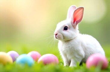 Cute white bunny, green grass meadow, surrounded by pastel colorful easter eggs, soft background, copyspace and place for text