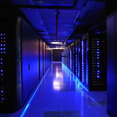 Fototapeta premium A futuristic data center with glowing servers and digital connections, symbolizing cloud computing, cybersecurity, big data, and the power of AI-driven technology in modern networks