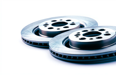New car rotors isolated on white background, showcasing their sleek design and precision engineering. Ideal for automotive enthusiasts and mechanics