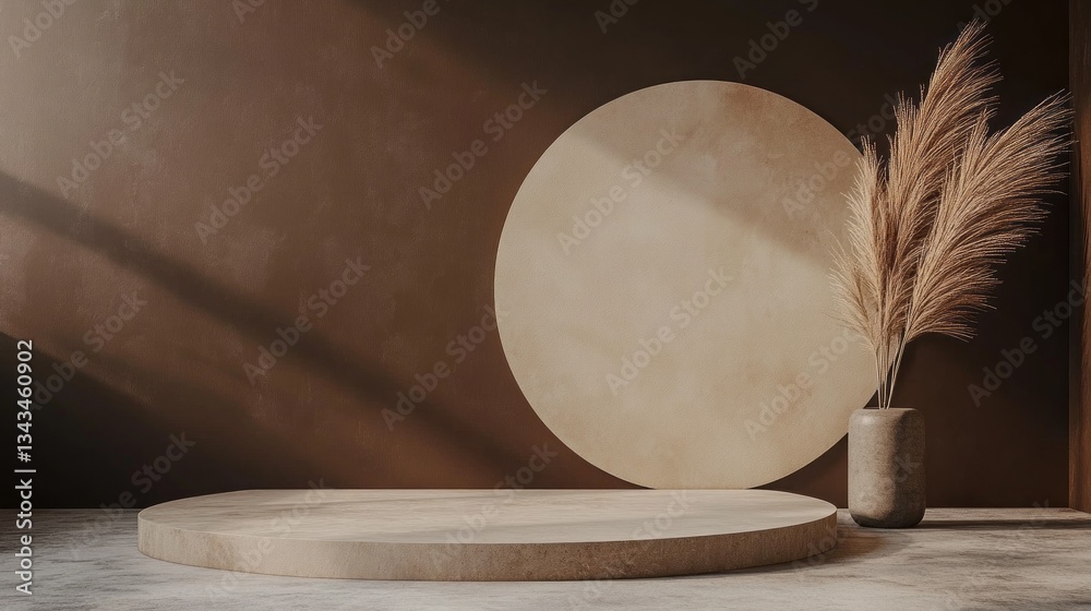 Poster Soft natural light filters through a modern interior, highlighting earthy tones and textures. A circular backdrop complements a vase of pampas grass, creating a serene and inviting environment