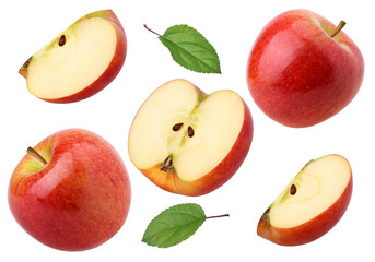 red apple (Envy Apple), half, slice and leaves isolated, transparent PNG, PNG format
