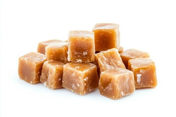 Caramel candy cubes on solid white background. AI generated