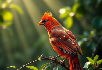 Fototapeta premium Vibrant Red Bird Perched on a Branch in Sunlight, Showing Detailed Feathers and a Striking Pose