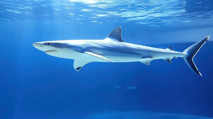 Obraz premium Shark swimming gracefully in blue ocean waters.