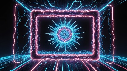 Neon starburst within an electric frame, showcasing futuristic digital art and technological energy