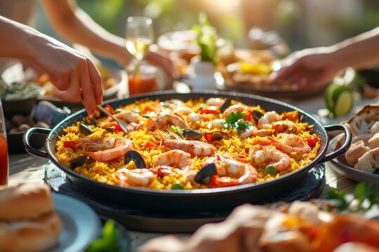 Friends eating traditional spanish paella outdoors at sunset party