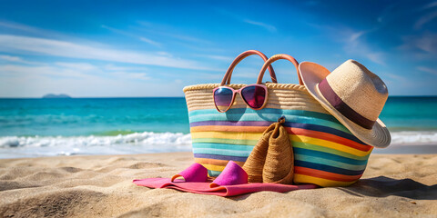 Beach bag with straw hat, sunglasses and flip flops on sandy beach