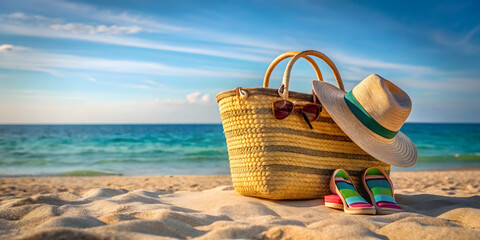 Beach bag with flip-flops and straw hat on sand