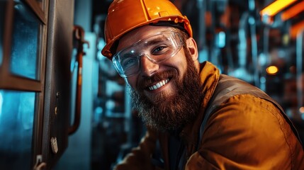 A bearded male worker in an orange helmet and safety glasses demonstrates a bright smile while working, showcasing a sense of pride and safety in the industrial setting.