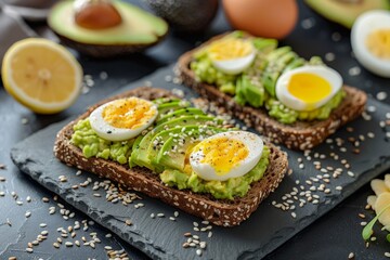 Avocado toast with eggs on slate board. AI generated