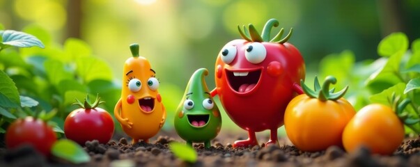 Funny fruits and vegetables characters in a garden, garden, fruits