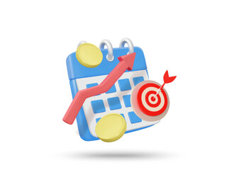 3D illustration vector render icon of calendar, up arrow, coin, and target. Concept of financial planning and achieving financial goals. Growth, success. Isolated on white background.
