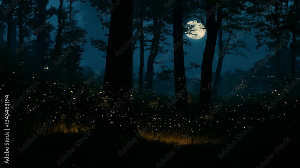 Poster A large moon is shining in the sky above a forest. The moon is the brightest object in the sky
