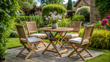 Wooden table and chairs in the garden with flowers and plants.