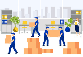 Workers carry cardboard boxes at the business office, office Moving, delivery service business, mover services, moving to a new place. Bright flat cartoon illustration.