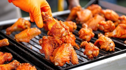 Chicken wings being cooked on a barbecue grill with care