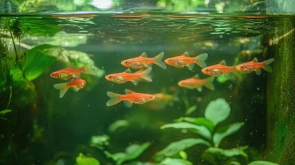 Orange Fish School in Vibrant Green Planted Aquarium
