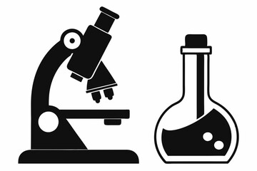 microscope with flask line art silhouette vector illustration
