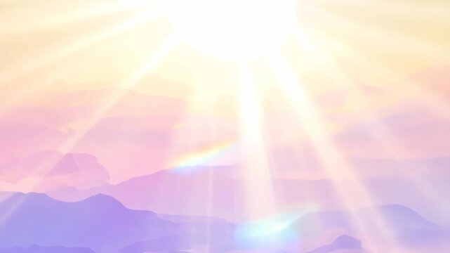 The sun is shining on the mountains. The sky is a beautiful shade of pink. The mountains are covered in snow