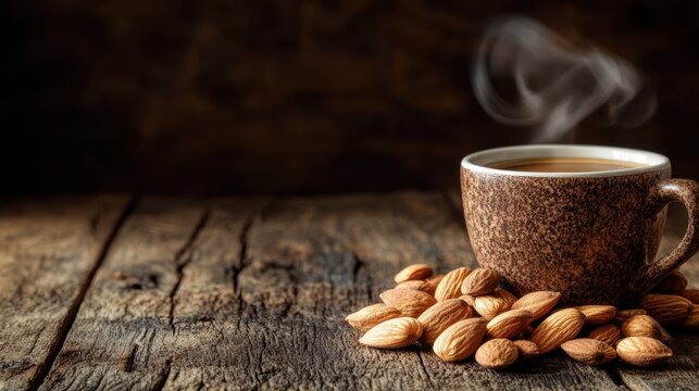 A rustic, earthy background featuring a steaming cup of coffee and a handful of roasted almonds, evoking a sense of warmth and comfort.