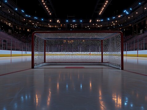 The Ice Hockey Goal Stands Empty In An Arena Setting
