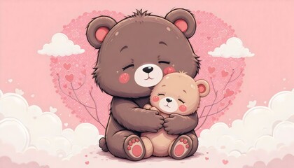 Naklejka premium A kawaii-style illustration of a mother bear hugging her baby bear with a heart-shaped background. The baby bear has tiny sparkles in its eyes, and the scene is surrounded by soft pink clouds and floa