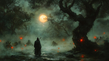 A lone samurai battles demonic creatures in a dark, misty forest