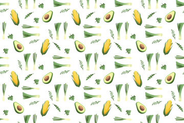 Seamless pattern with drawn vegetables. Corn, leeks, rosemary, parsley, avocado, arugula. Vegan and healthy food. Farm organic products. Vector background.